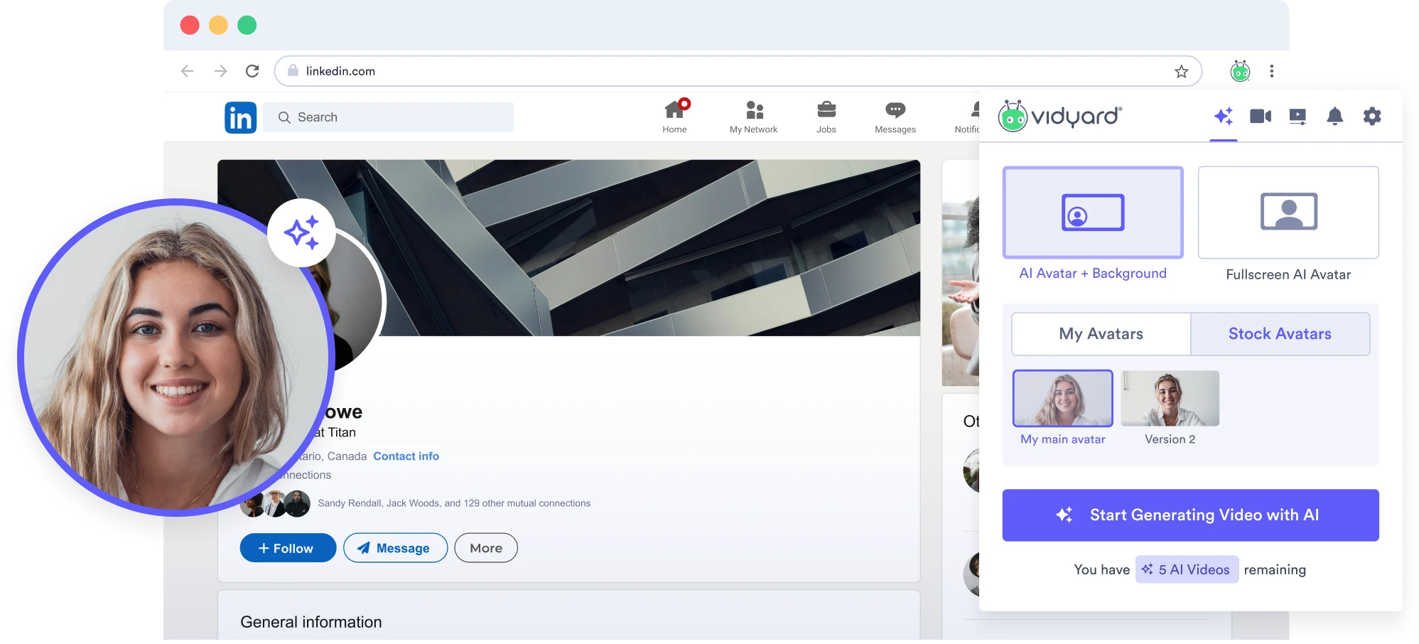 A screenshot of a Linked profile with Vidyard's Vidyard 极速赛车168最新结果查询 Screen and Webcam Recorder superimposed on top of it. The user can see several AI Avatars in the Vidyard 极速赛车168最新结果查询 tool and the ability to generate a video with AI is displayed. A webcam recording bubble is also present in the screenshot, showing the current user.